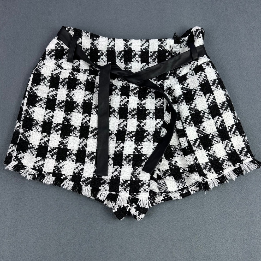 Venus Black White Houndstooth Tweed Faux Wrap Skort Frayed Hem Size 16 Belted
